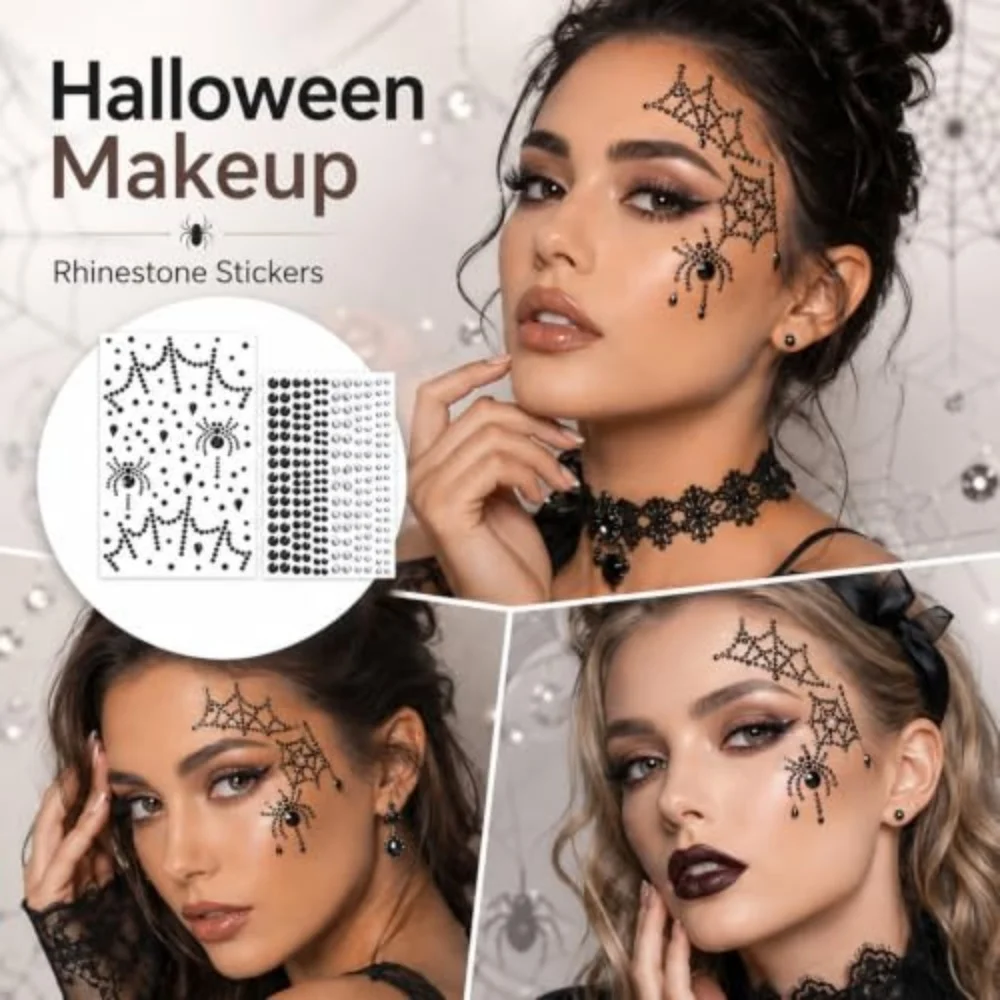 Spider Face Jewels 3D Spider Web Face Gems Stick‑On Rhinestone Stickers with Tweezers for Halloween Party Cosplay Makeup