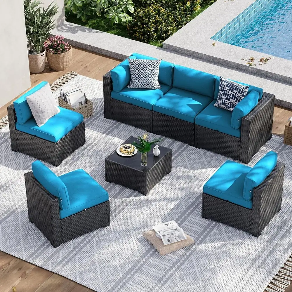 

7-Piece Wicker Rattan Patio Sectional Sofa Set with Cushions, Peacock Blue