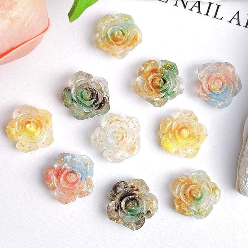 

30PCS 14MM 3D Acrylic Flower Nail Art Charms Accessories Luminous Camellia With Gold Foil Nails Decoration Supplies Materials