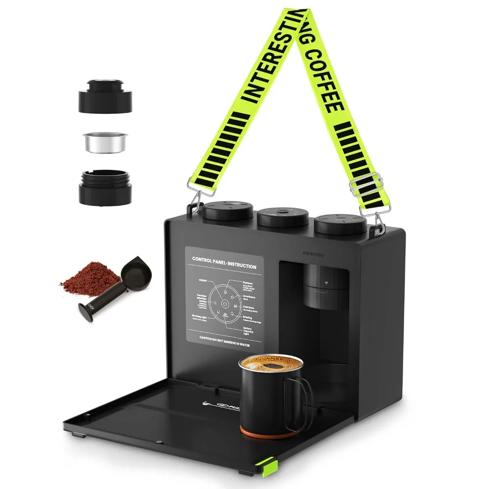 

Portable Espresso and Cold Brew Coffee Maker, 3-in-1, Strap Included, One-Touch Operation, Rechargeable for Up to 60 Cups, Suita