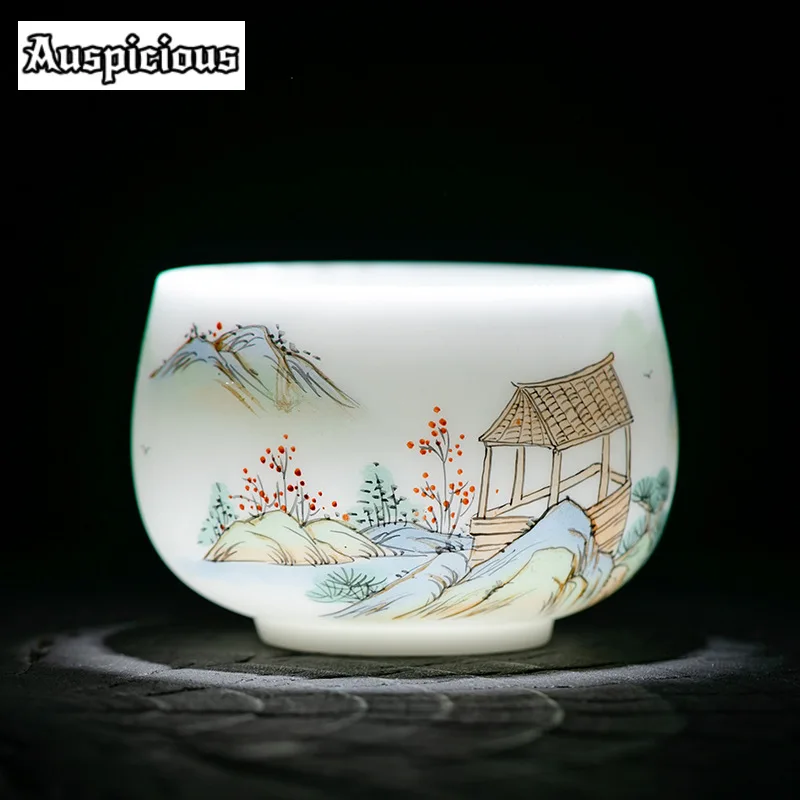 

160ml High-end Ice White Jade Porcelain Teacup Hand-painted Landscape Master Cup Personal Jianzhan Anti Scalding Kung Fu Teaware