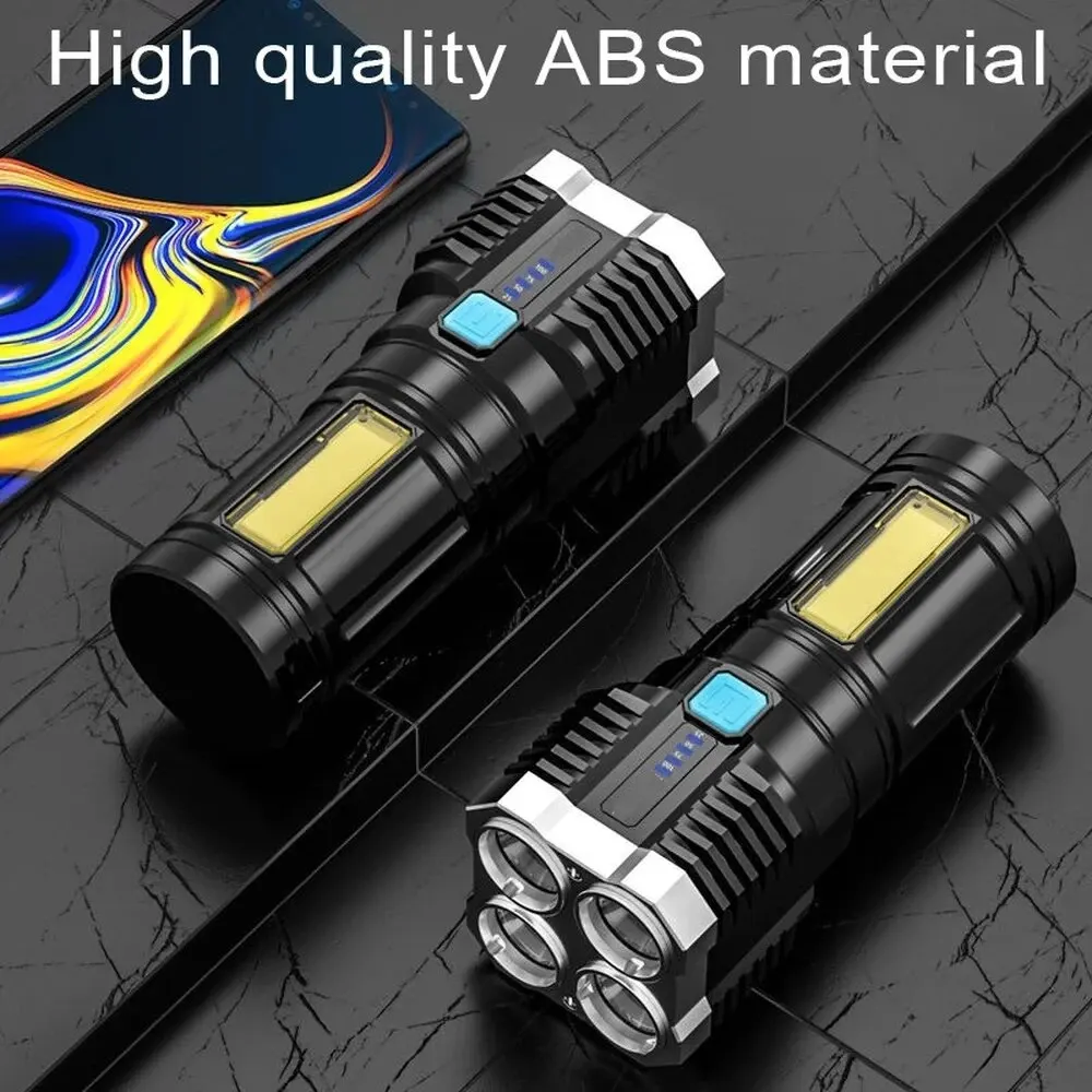 4Core LED Flashlight COB Strong Side Light Outdoor Portable Home Torch USB Rechargeable Flashlight Lantern With Power Display