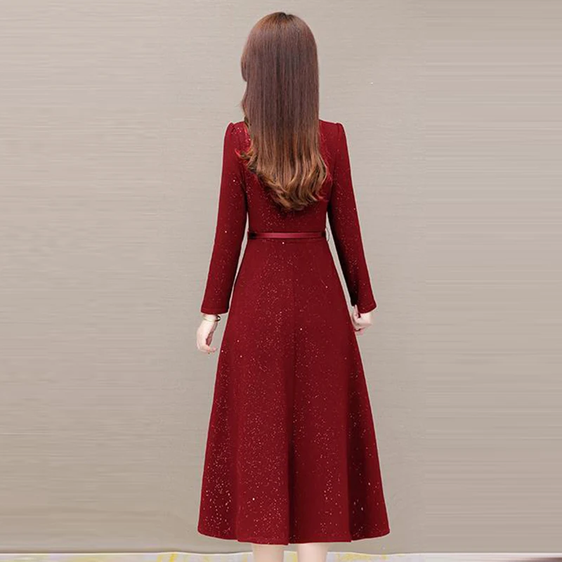 Lace Patchwork Vintage Dress 2024 Spring Fall Long Sleeve Sequin Party Dress Oversized Casual Knee-Length Vestidos With Belt