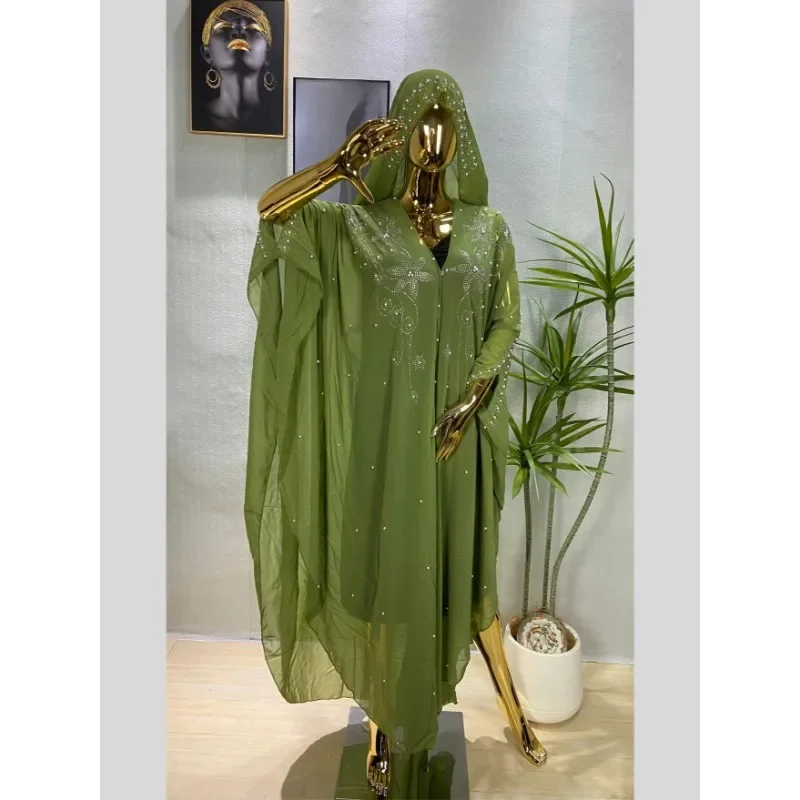 

African Dashiki Chiffon Maxi Dresses for Women Diamonds Kaftan Dubai Gown Evening Boubou Ramadan Muslim Open Abaya Morocco Robes