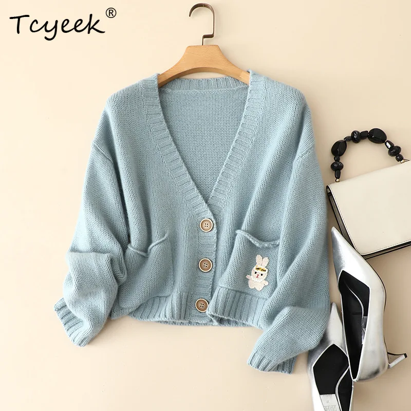 Tcyeek, 4G 100% Pure Cashmere Cardigans,ผู้หญิงVคอเย็บปักถักร้อย,Elegantหวานถักเสื้อกันหนาว,2024 ฤดูใบไม้ร่วงฤดูหนาวT48938QC