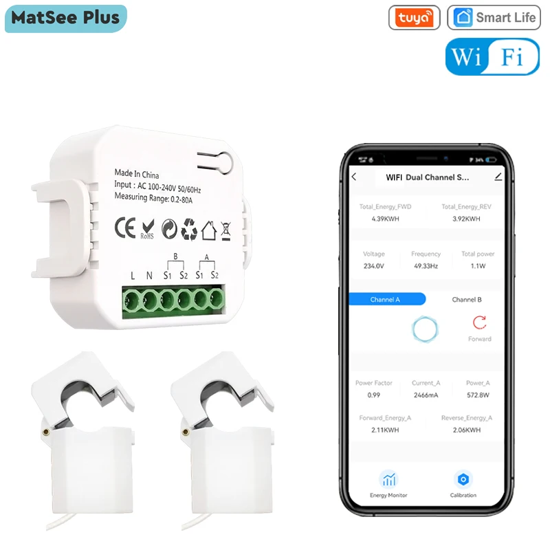 Tuya Smart 2 Way WiFi Energy Meter Bidirection 1/2 Channel with Clamp App Monitor, Solar Produced and Consumed Power AC110V 240V