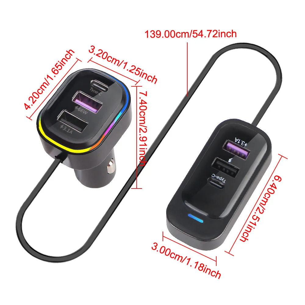 Super Fast Charging USB Interface PD QC3.0 Car Charger Rear Multifunctional Type-C Extension 66W Mobile Phone Charging