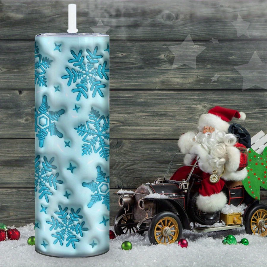 1pc, 20oz Straight Cup, 3D Print Beautiful Blue Snowflake Pattern, Large Capacity Stainless Steel Long Cup, with Straw and Lid, Insulated Christmas Water Bottle, Suitable for Christmas Party Decoration, Christmas Gifts, Family Travel Cup