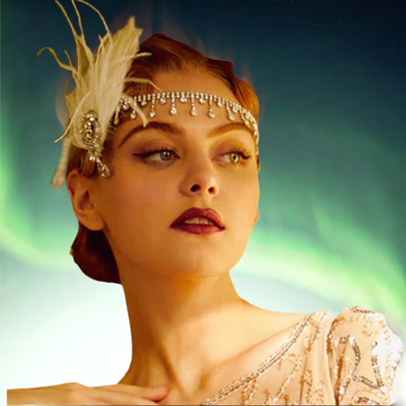 

1920S Vintage Gatsby White Feather Flapper Headband Wedding Accessories Inspired Crystal Flower Tassel Hair Chain for Women