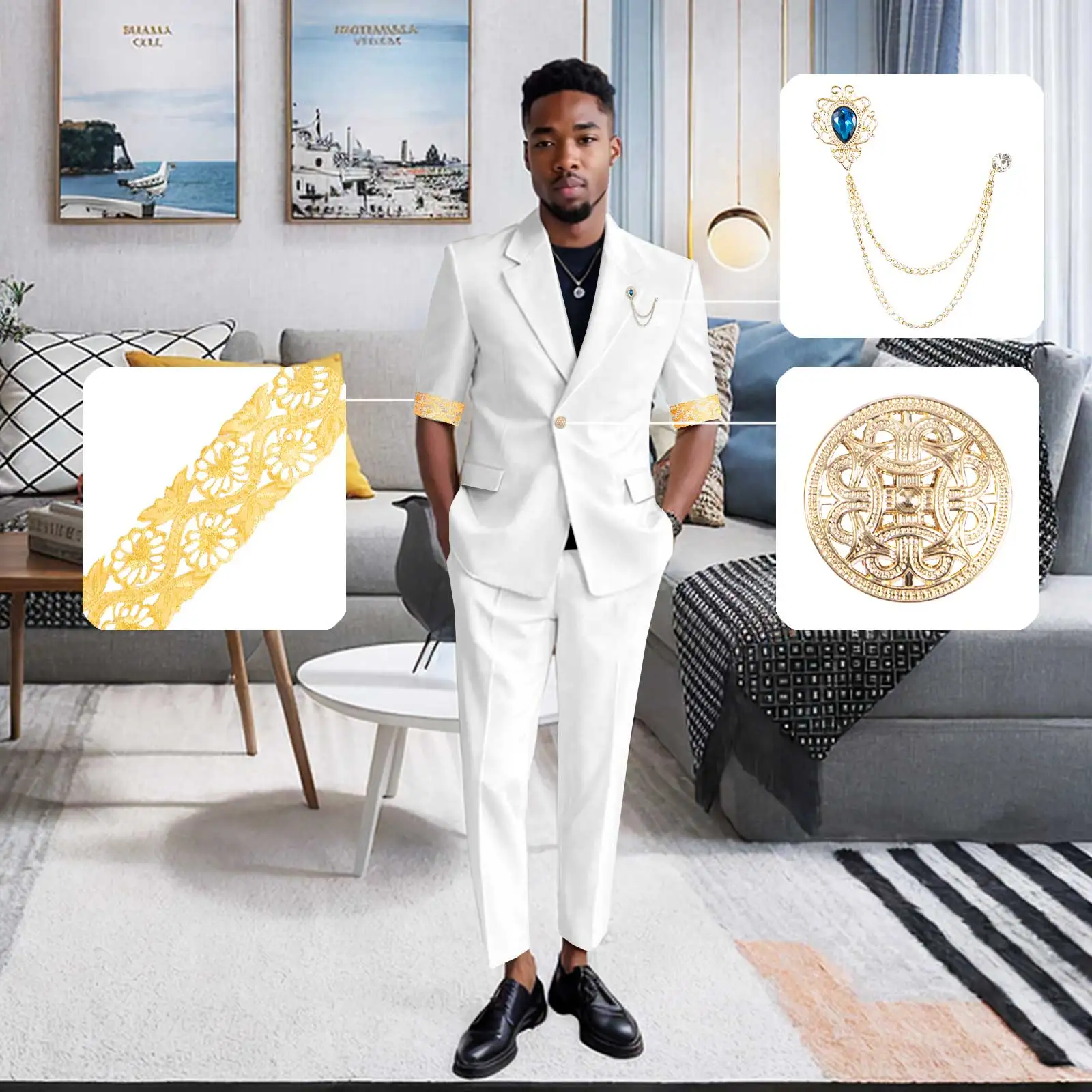 DBQ African Attire Men’s Slim Fit Suit One Button Short Sleeve Brooch Embroidery Blazer and Pant 2 Piece Suit BD164