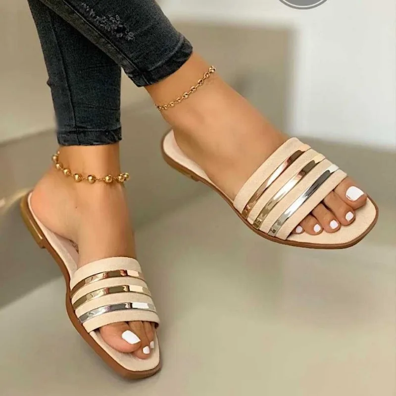 

Women Slippers New Metal Striped Summer Flat Shoes Fashion Slip on Slides Outdoor Female Casual Women Sandals Plus Size 43