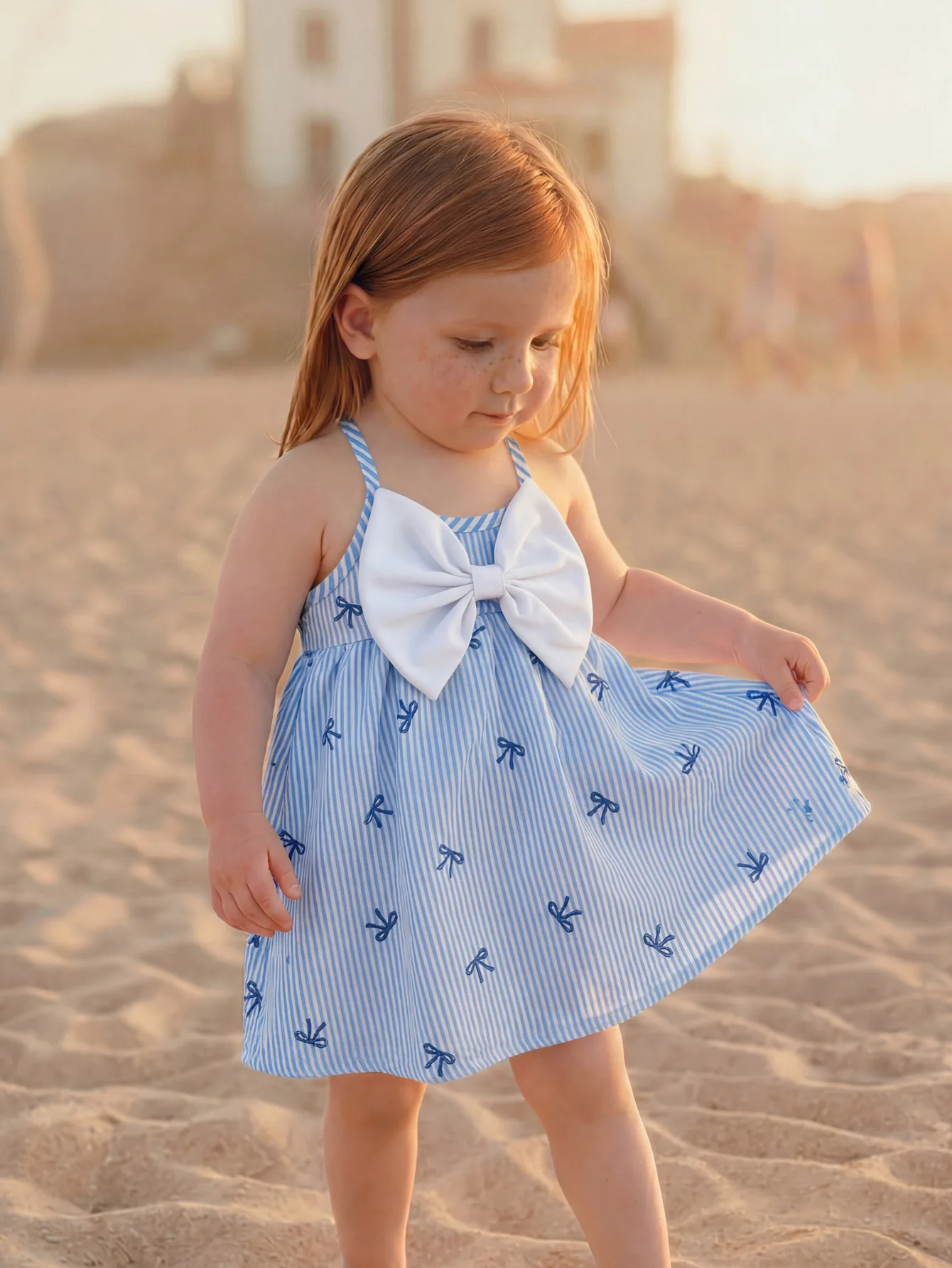 New Summer Blue-White Striped Girls' Cami Dress With Big Bow, Perfect for Little Ones.