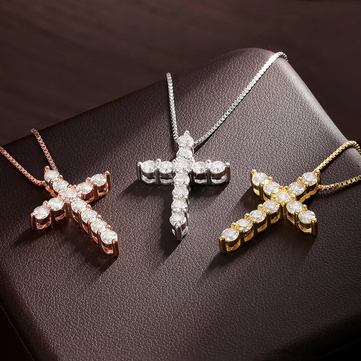 

New D VVS1 Moissanite Cross Pendant Necklace Original s925 Sliver Box Chain Plated 18k White Gold Fine Necklaces for Women