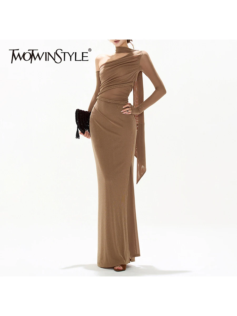 

TWOTWINSTYLE Сексуальное облегающее платье с асимметричными складками и длинными рукавами, с диагональным воротником, в стиле пэчворк, с лентами, для женщин