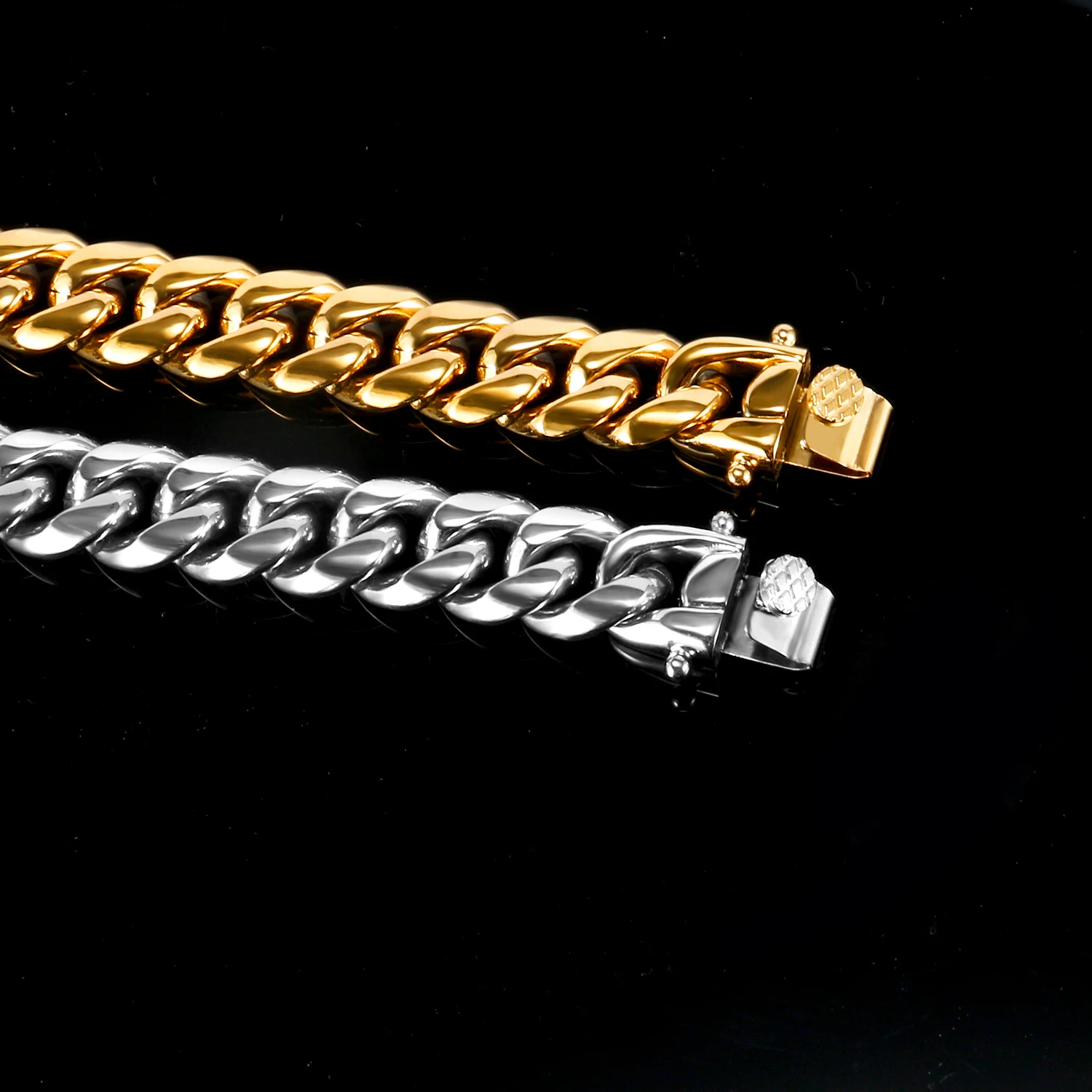 Wholesale in Stock 14mm 18K Real Gold Plated Miami Stainless Steel Thick Cuban Link Chain Hiphop Men Necklace