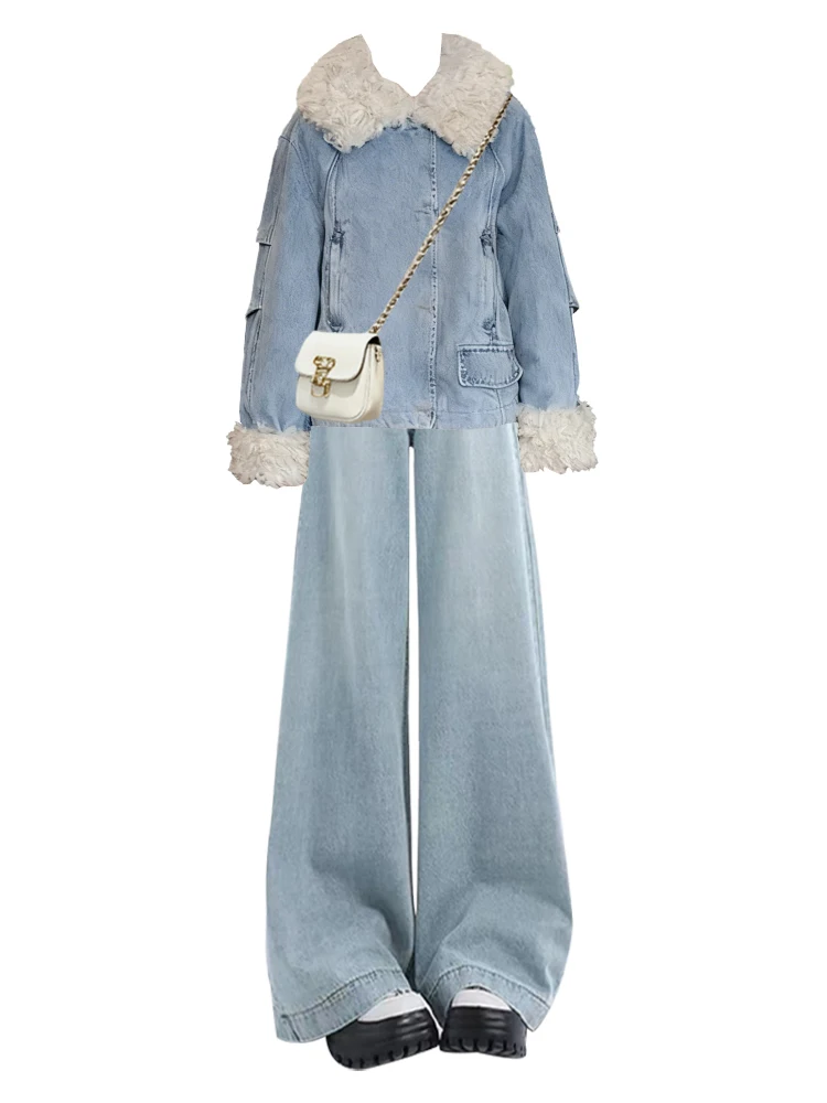 Gentle Wind Light Blue Denim Cotton Jaet And Wide Leg Pants Two Piece Set plus Size Women's Faion Winter Outfit