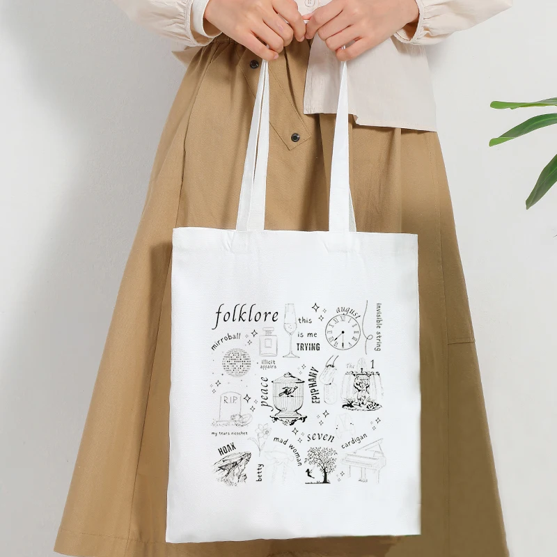 Folklore Album Pattern Tote Bags Canvas Large Handbag for Women Shopping Bag Foldable Ladys Beach Bag Taylor Swift Merch Gifts