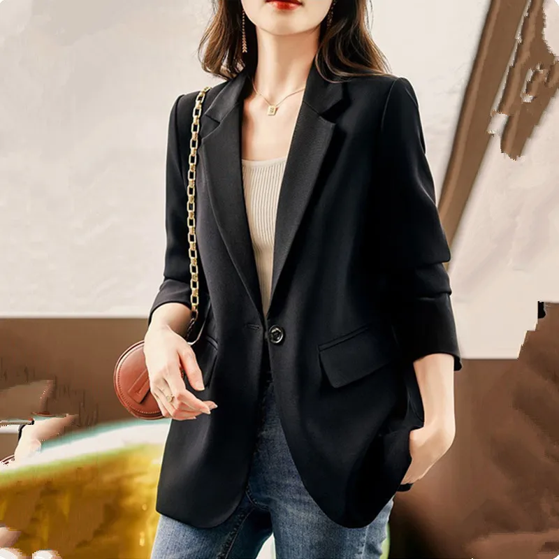 Khaki Black Green Suit Jacket Women Formal Blazer Coat Female Long Sleeve Single Button Straight Jacket Office Ladies Work Wear