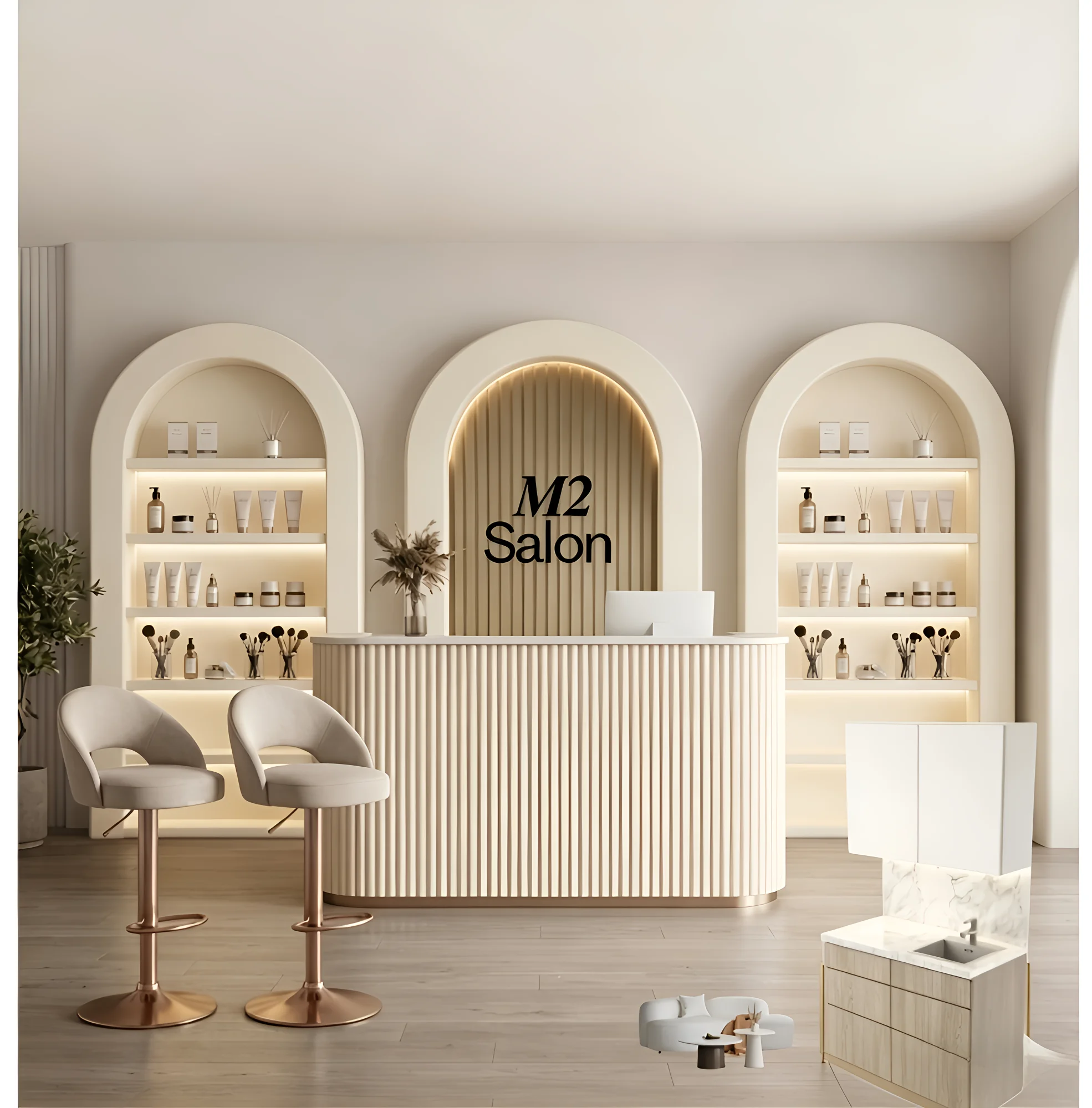 M2 Modern Nail Salon Polish Display Cabinet With LED Strip Lights Arched Tiered Design Ready To Use & Easy Install