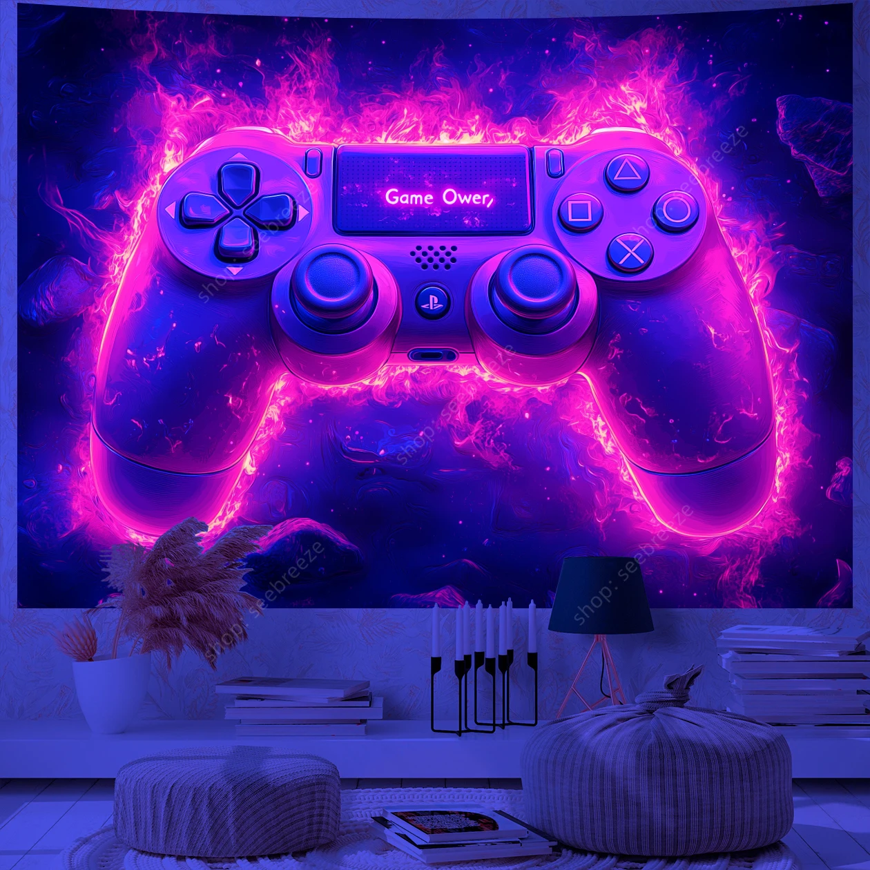 Game Over Game Zone UV Reactive Tapestry E-Sports Room Game Controller Tapestry Hippie Tapiz Neon Background Room Wall Decor