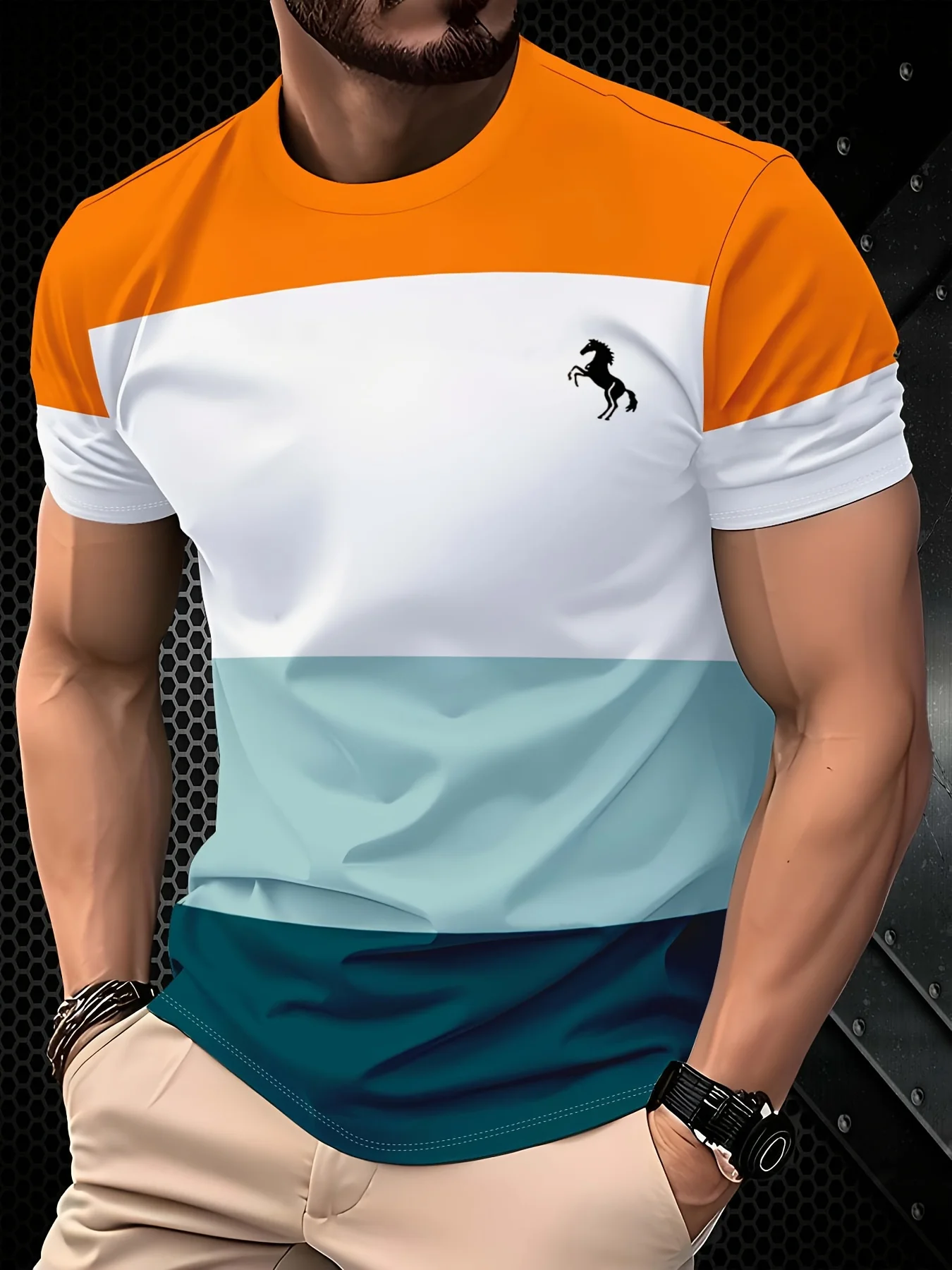 Men Trendy Graphic Tee Shirt, Four-Color Block Running Horse Print Short Sleeve Crew Neck Everyday T-Shirt