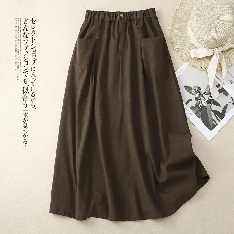 2024 New Arrival High Waist Cotton Linen Vintage Summer Skirts Pockets Office Lady Work Skirts Loose Women Casual Midi Skirts