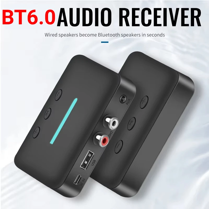 Bluetooth 6.0 オーディオレシーバー U ディスク RCA 3.5 ミリメートル AUX USB ステレオ音楽ワイヤレスアダプター PC/TV/カーキット/スピーカーアンプ用マイク付き