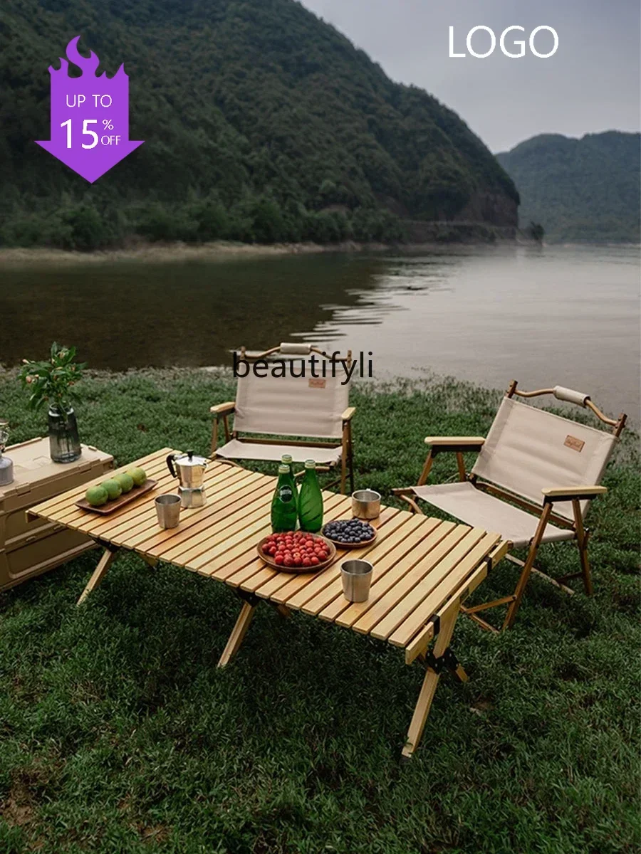 PPP  Outdoor Folding Bamboo Egg Roll Picnic Table and Chair Portable Camping Egg Roll Table