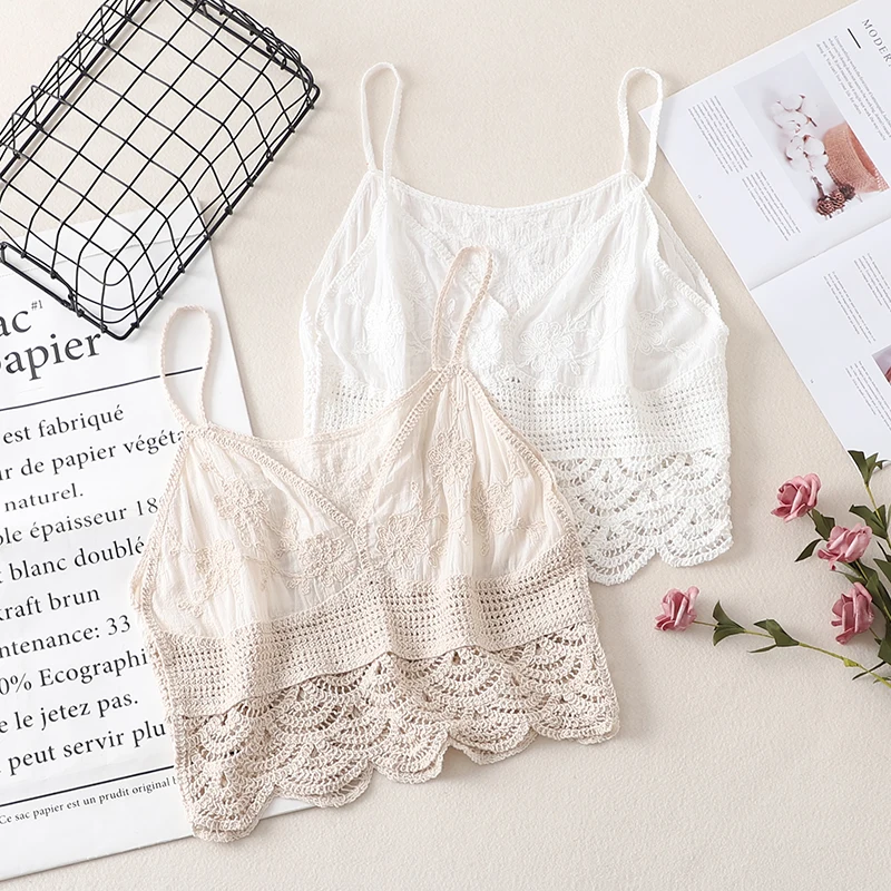 Uniwersalna kamizelka damska z bawełny i lnu, dzianinowa, retro, ażurowa, z koronkowym haftem, letni top na ramiączkach.