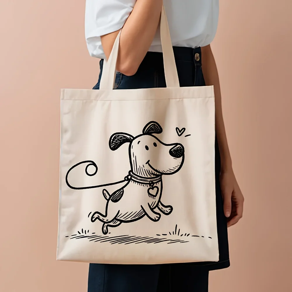 1pc, Cute Puppy Illustration Canvas Tote Bag Grocery Bags (35.05cm x 40.13cm), Stylish Shopping Bag for Daily Use, Commuting, Be