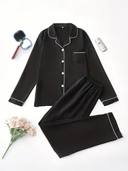 Women's Long Sleeve Pajama Set - Casual Solid Color Buttoned Pocket Top with Long Pants, Woven Polyester Adult Pajamas for Fall/