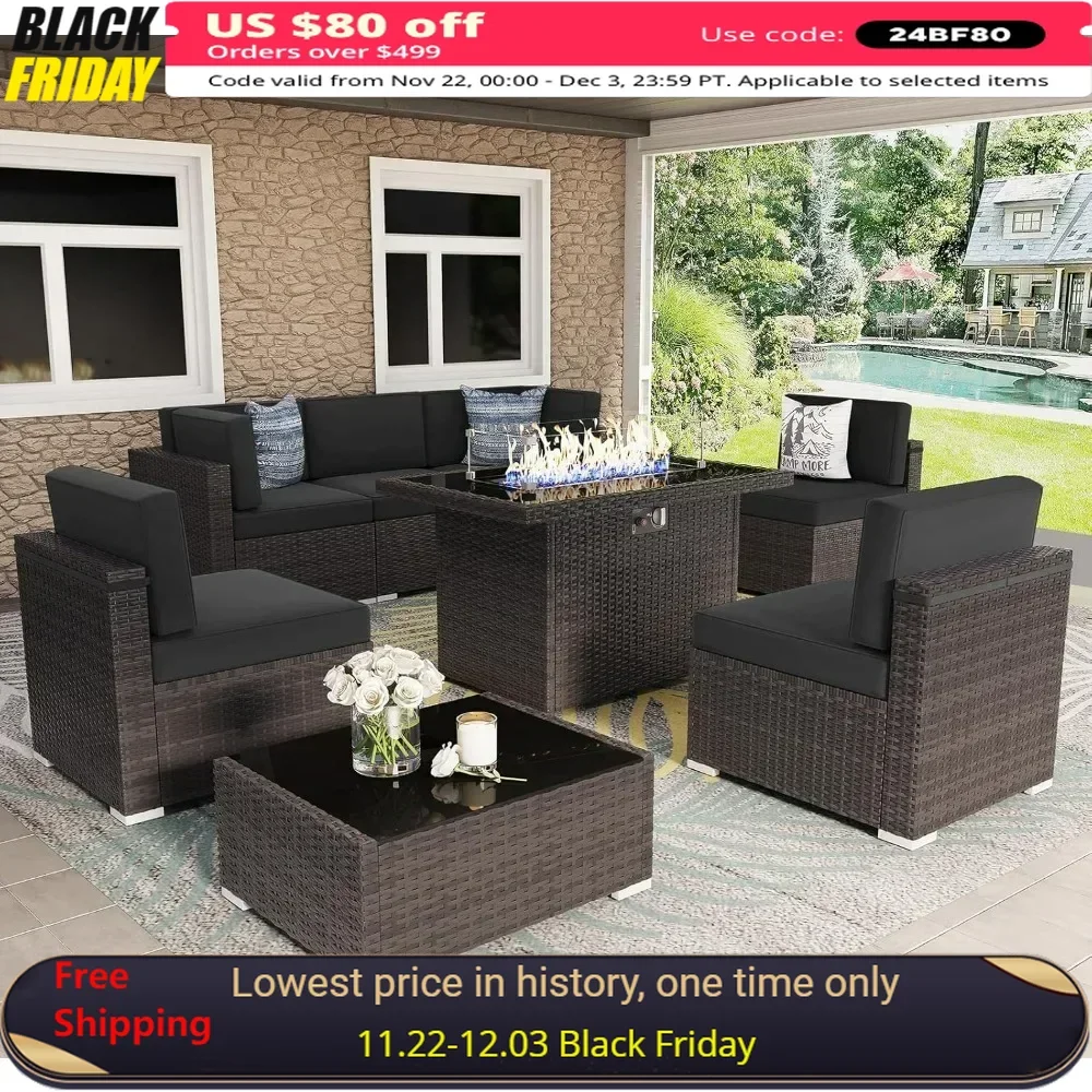 

8 Pieces Patio Furniture Set with 44" Propane Gas Fire Pit Table, Outdoor Sectional Brown Rattan Wicker Conversation Sofa Sets