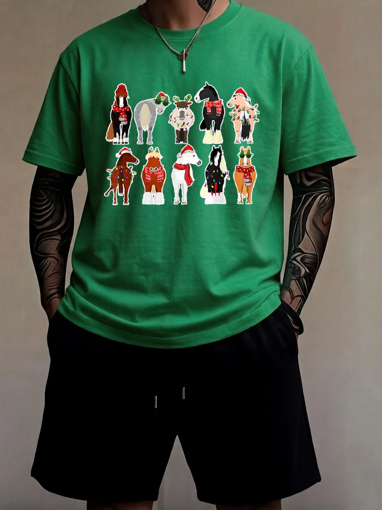 

Christmas Dressed Horses Print Man'S Pocket Fitness Summer Pants Sets Breathable All-Match Tops Cotton Beach O-Neck T-Shirt