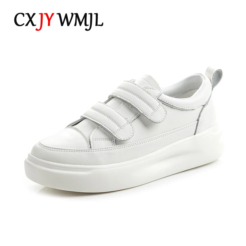 CXJYWMJL Genuine Leather Women Platform Sneakers Hook & Loop Sports Little White Shoes Ladies Thick Soled Vulcanized Shoes Flats