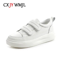 CXJYWMJL Genuine Leather Women Platform Sneakers Hook & Loop Sports Little White Shoes Ladies Thick Soled Vulcanized Shoes Flats