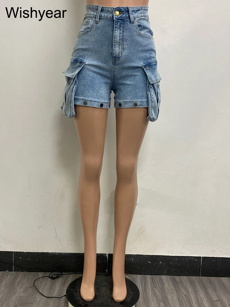 Women Fashion Designer Button Fly High Waist 3D Pockets Jeans Casual Straight Trousers Detachable As Shorts Denim Cargo Pants