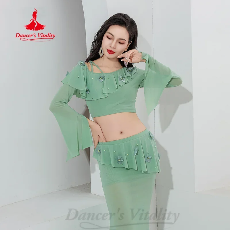 Stroje do tańca brzucha, siateczkowa bluzka z długim rękawem + seksowna spódnica typu rybka, 2-częściowy zestaw, odzież do orientalnego tańca dla dorosłych kobiet