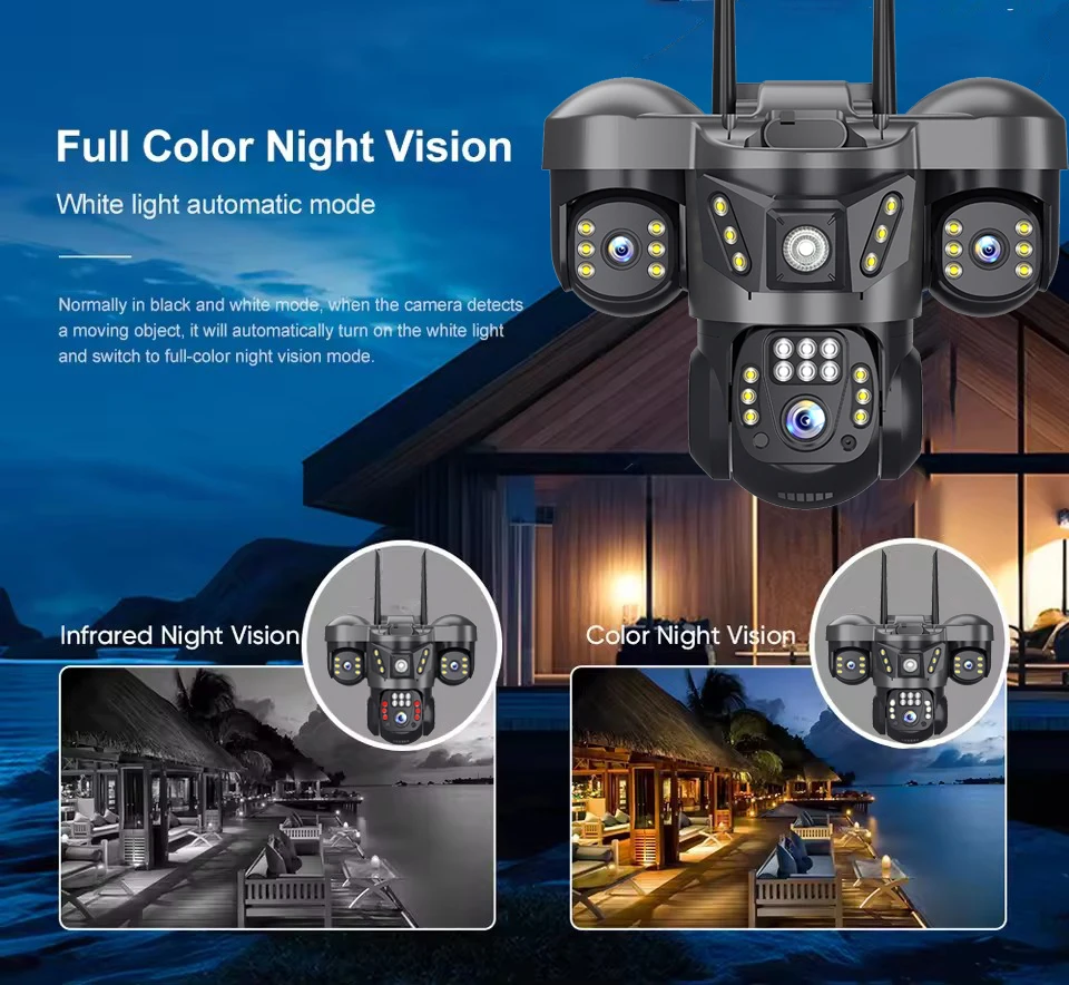 6K 12MP HD IP 카메라 야외용 3렌즈 외부 WiFi 카메라 트리플 스크린 보안 PTZ 카메라 자동 추적 감시 V380Pro