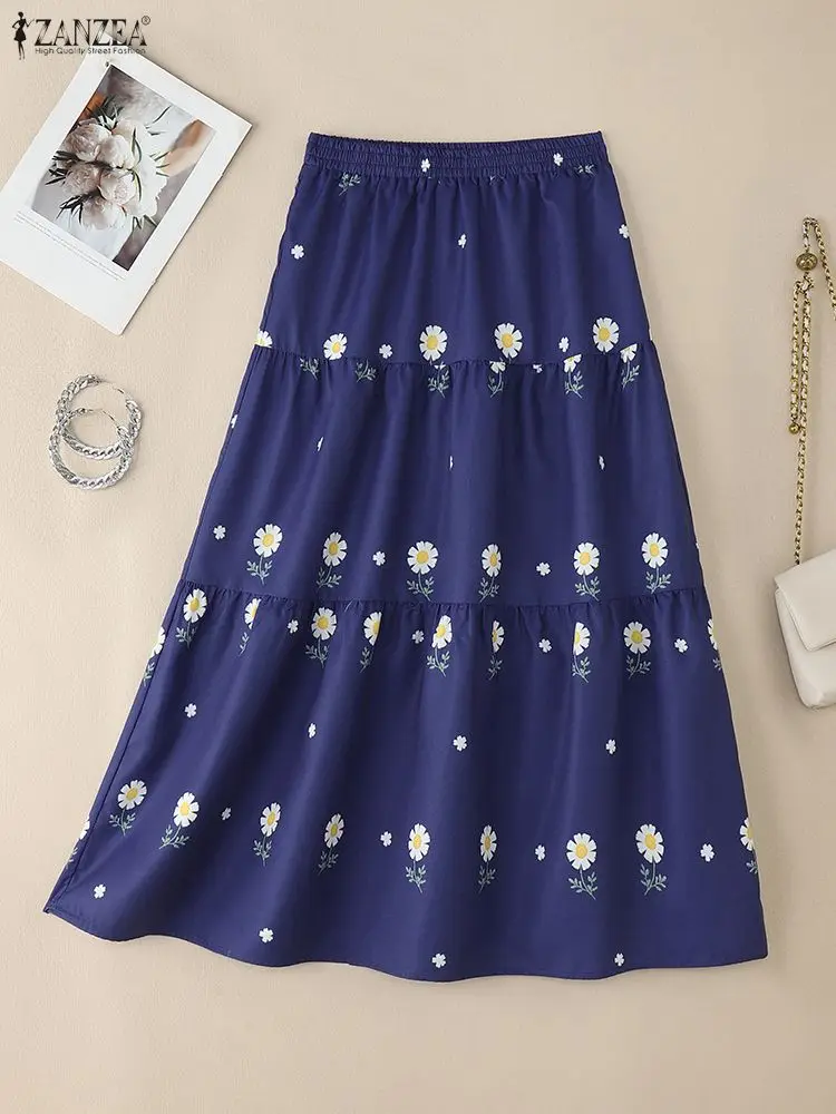 

2025 ZANZEA Women Autumn Skirt Stylish Casual Holiday Floral Printed Faldas Saia Elastic Waist Jupes A Line Midi Sundress Robe