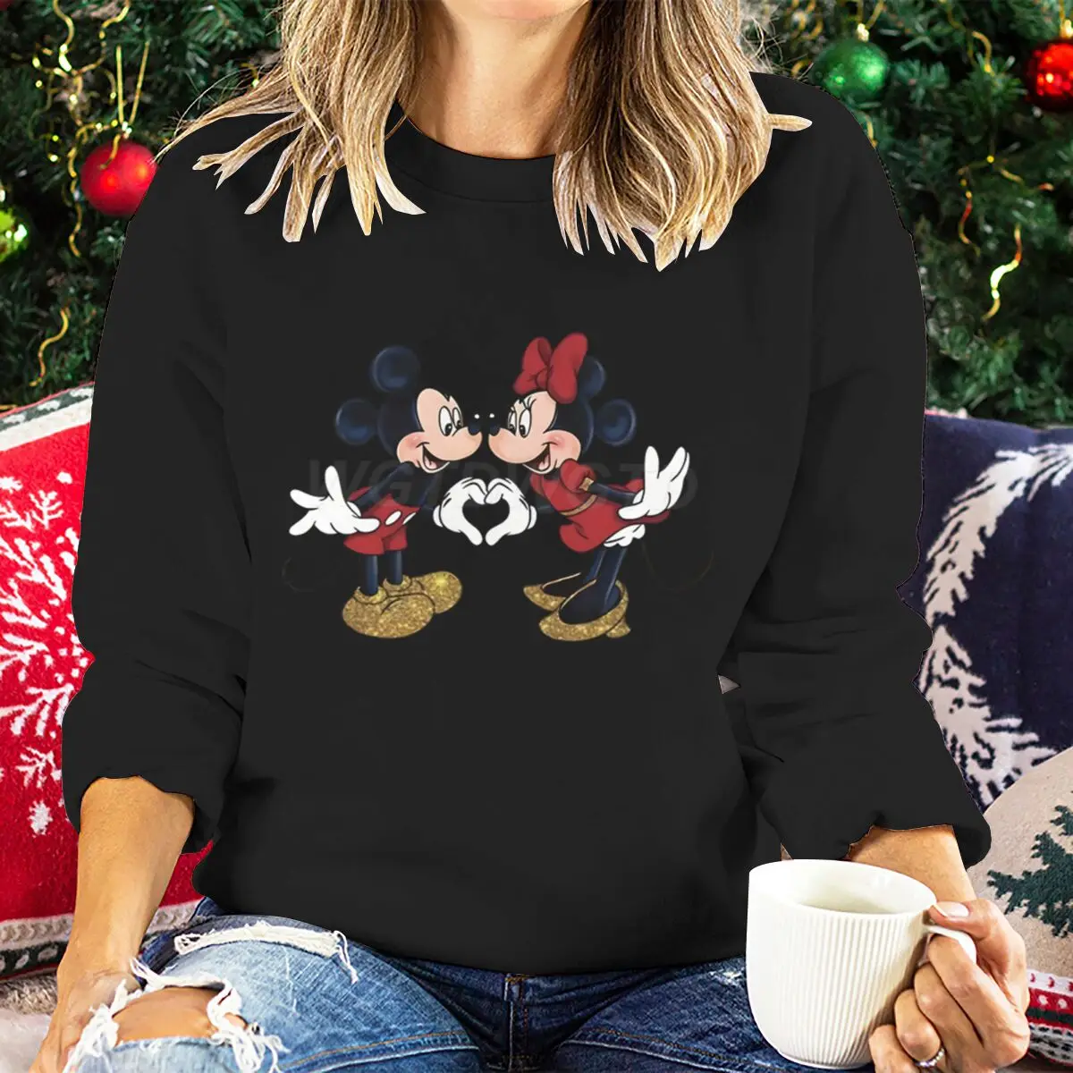 المرأة طاقم الرقبة طويلة الأكمام سترة ميكي ميني ماوس القلب الحب طباعة بلوزات الفتيات عيد الحب الكرتون بلايز عادية