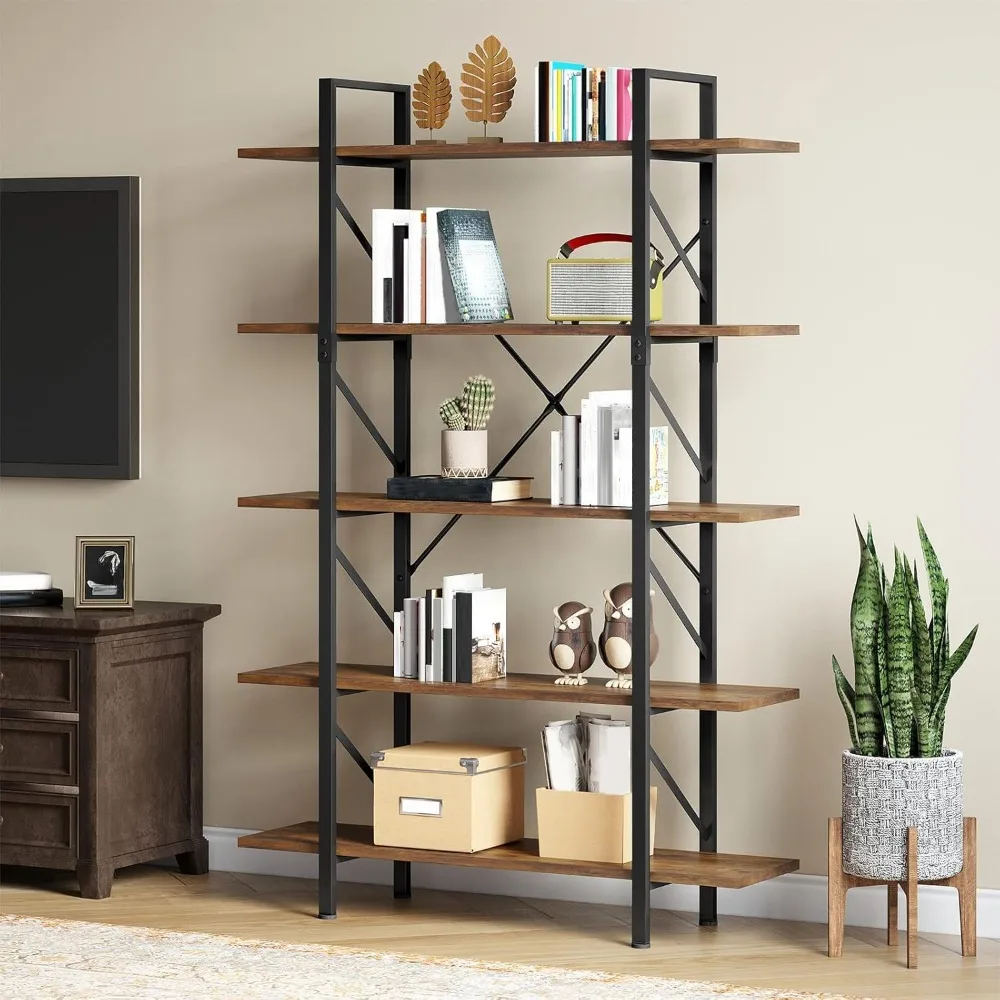 

5 Tier Bookshelf, Large Bookcase Industrial Book Shelf Storage Organizer, Free Standing Storage Shelving Unit