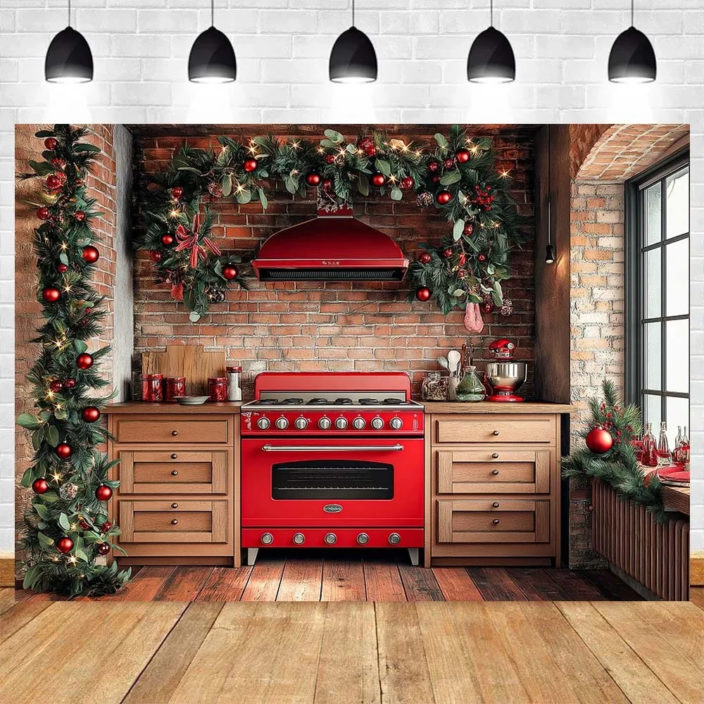 

Xmas Party Backdrop Kitchen Cupboard Christmas Wreath Windows Snowy Forest Red Trucks Kids Adult Photography Background