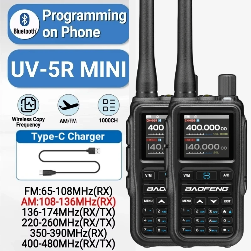 

Baofeng UV 5RMINI Bluetooth считыванием частоты Walkie Talkie AM Long Range Водонепроницаемое многодиапазонное зарядное устройство Type-C Ham Radio