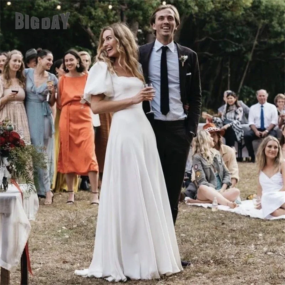 Elegante abito da sposa a-line 2024 colletto quadrato manica corta a sbuffo aperto indietro fiocco perle abito da sposa lunghezza pavimento Vestido De Noiva