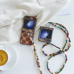 Retro Floral Prints PU Leather Crossbody Lanyard Cover with Glitter Bead for Samsung Galaxy Z Flip 6 5 4 3 Phone Case