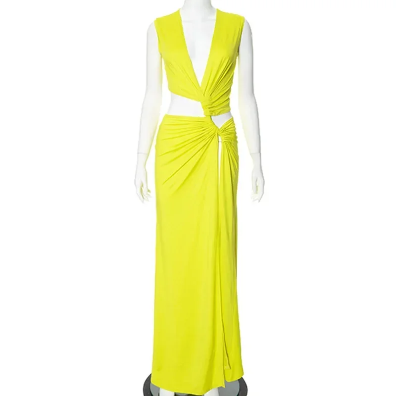 XIZOU-Robe maxi à col en V pour femme, robe évidée, robe de soirée élégante pour femme, robe de plage sexy, nœud irrégulier, été