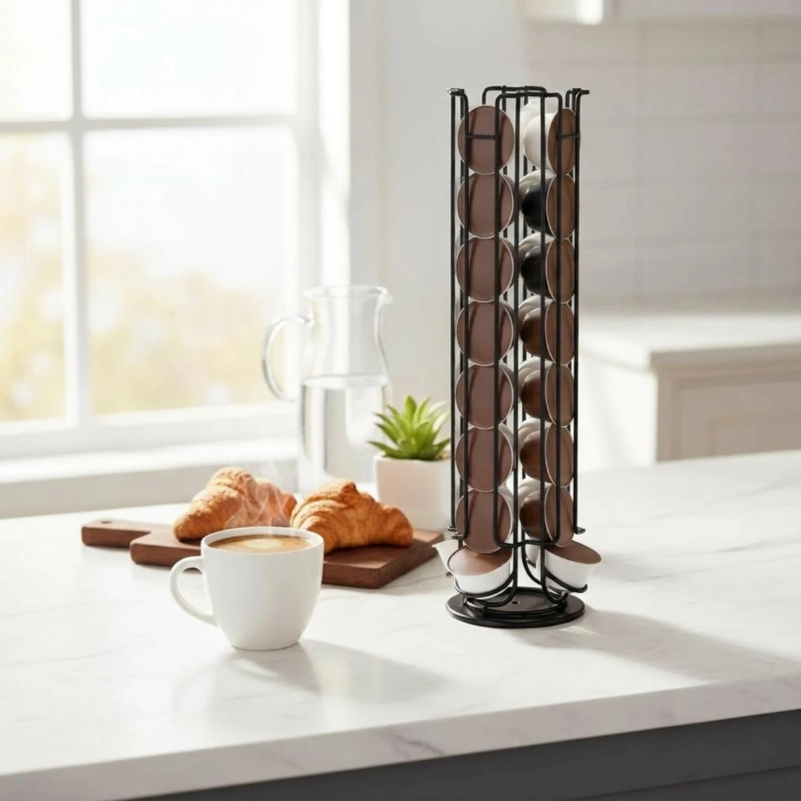 Dolce Gusto Capsule Holder Easy Reach 32-Capsule Capacity Spinning Base Kitchen Storage Silver Finish for Office