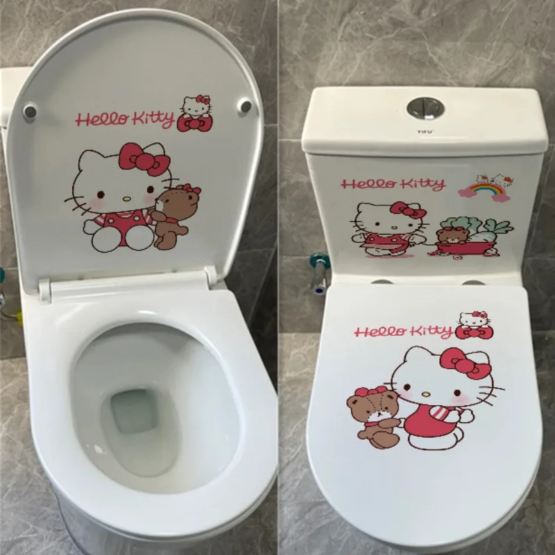 Kawaii sanrio olá kitty 3 peças adesivo de vaso sanitário tampa de vaso sanitário adesivo de parede decoração de vaso sanitário à prova d'água brinquedo artesanal