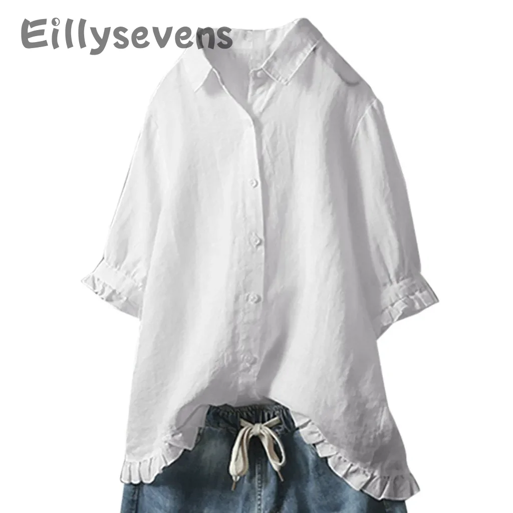 Women\'s Cotton And Linen shirt Solid Color lapel Button Up Shirt Upper Hem Short Sleeve Loose and casual Top Autumn Streetwear