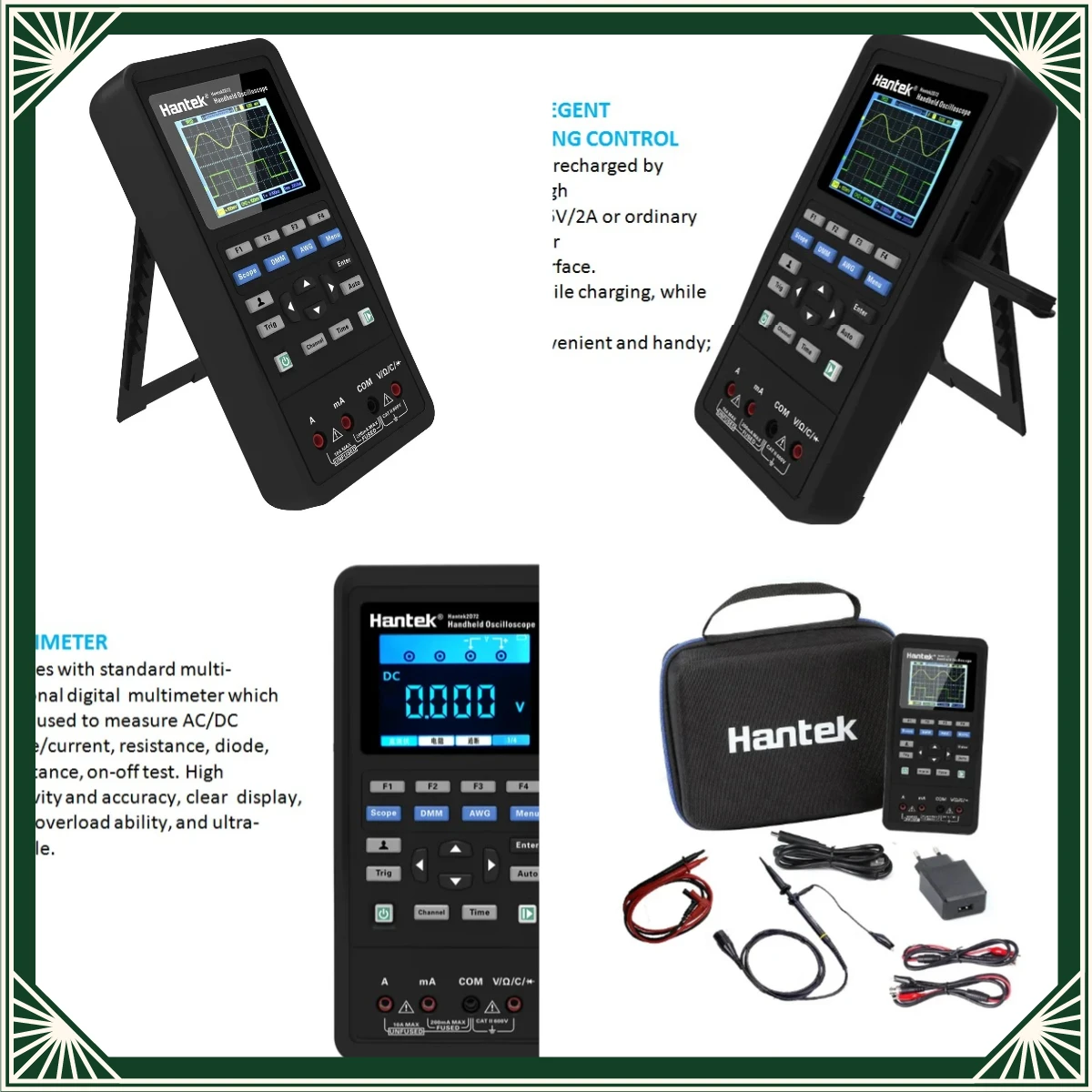 Osciloscopio digital portátil Hantek 2D72, 70MHz 250MSa/s 12 bits 2 canales, generador de formas de onda integrado y multímetro